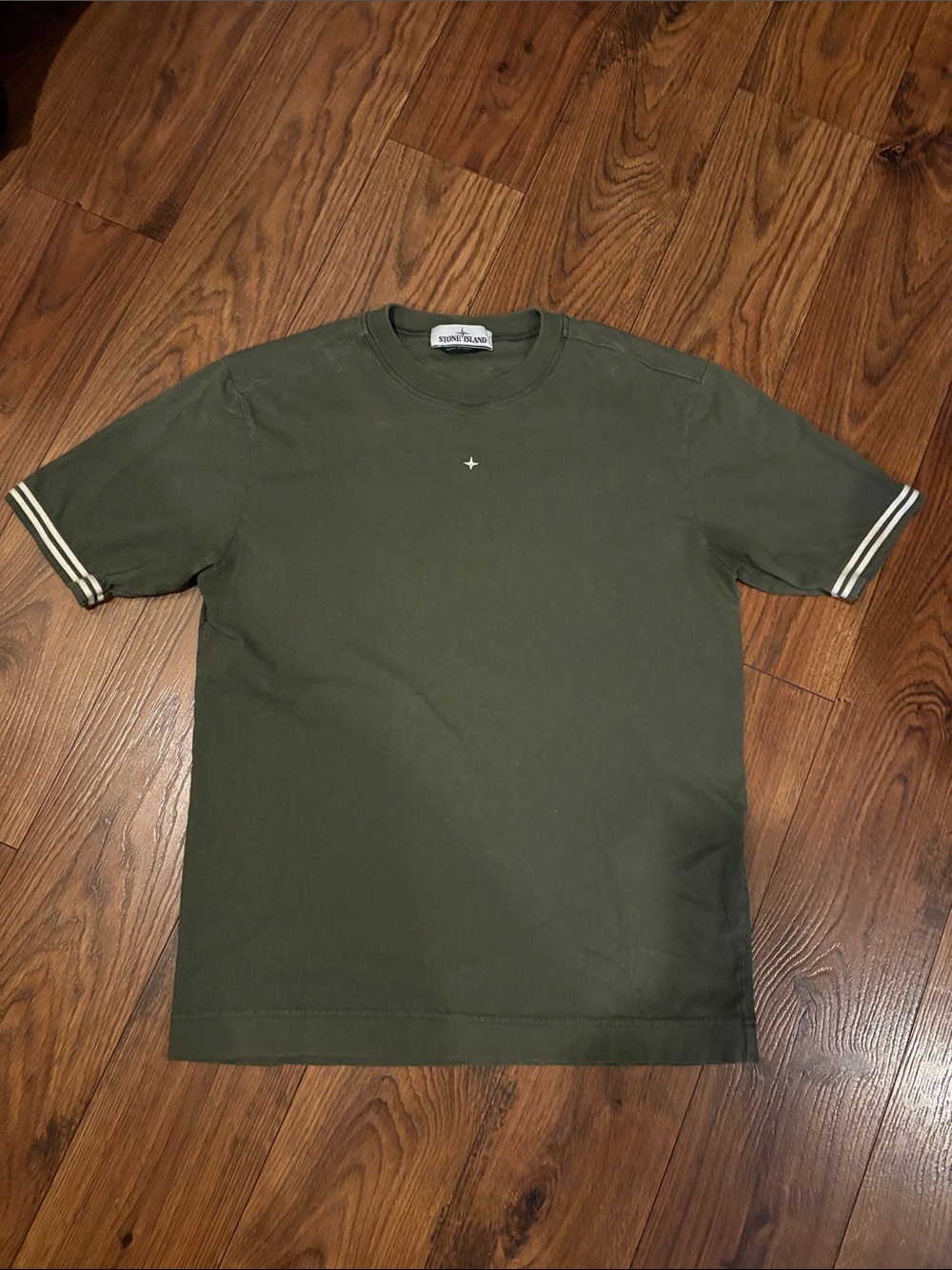 Stone Island Dark Olive Short Sleeve T-Shirt with Stripe Sleeve Detail